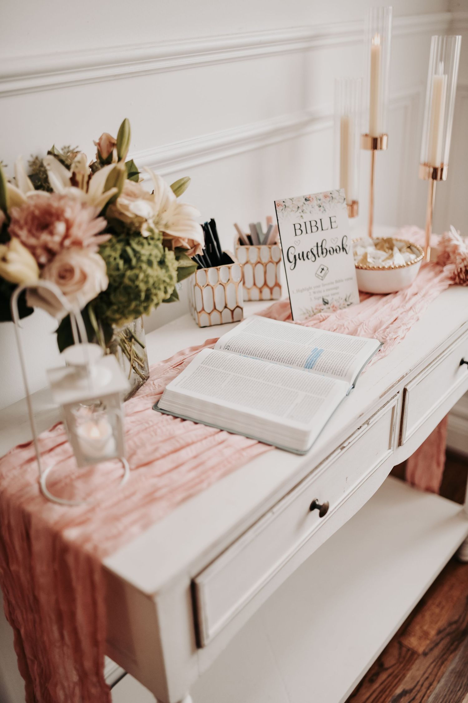 Romantic fall wedding ceremony decor inside The White Sparrow chapel