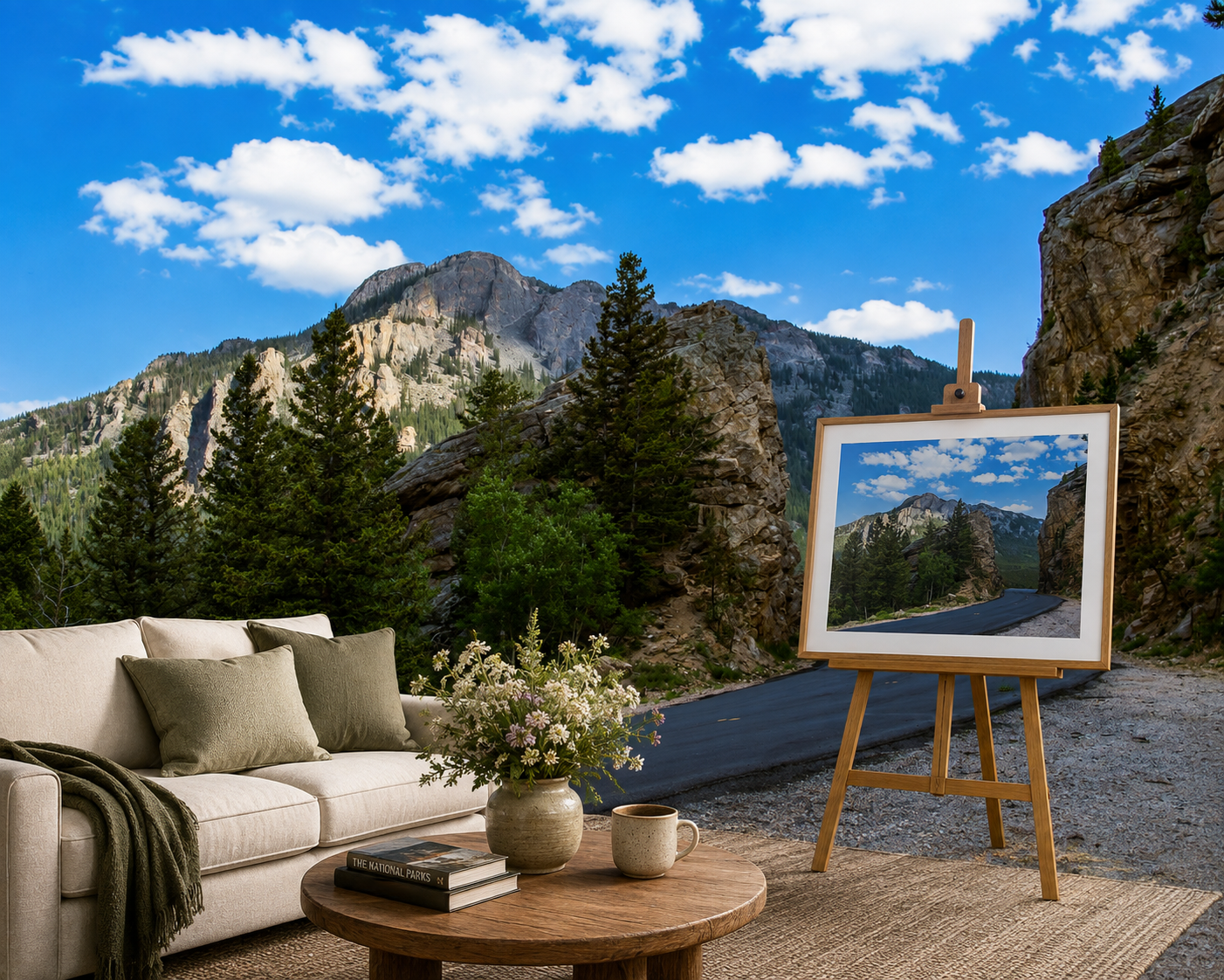 Mountain landscape mural wallpaper in a living room with sofa, featuring blue skies, pine trees, and rocky peaks.