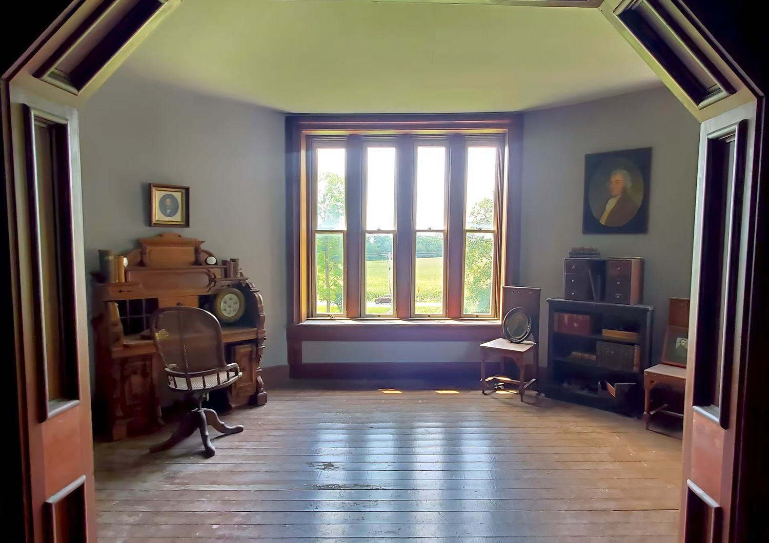 Vintage study room with hardwood floors, roll-top desk at mac-o-chee wedding venue castle
