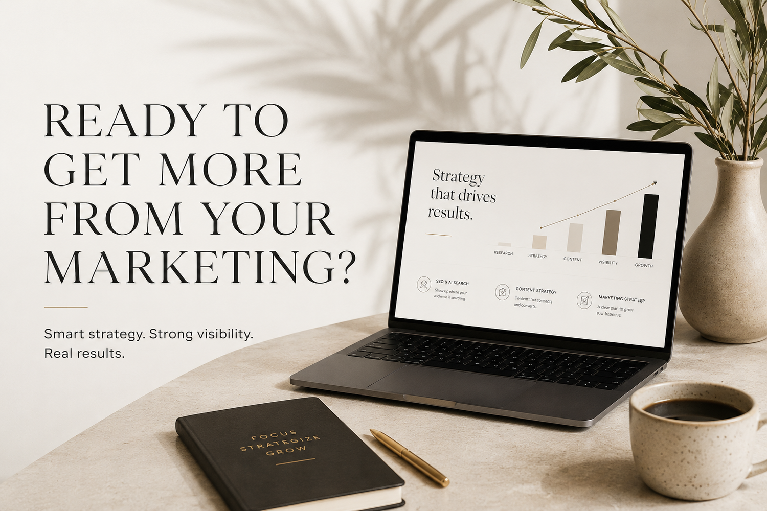 Laptop displaying marketing strategy presentation on a minimalist desk with coffee, notebook, and plant.