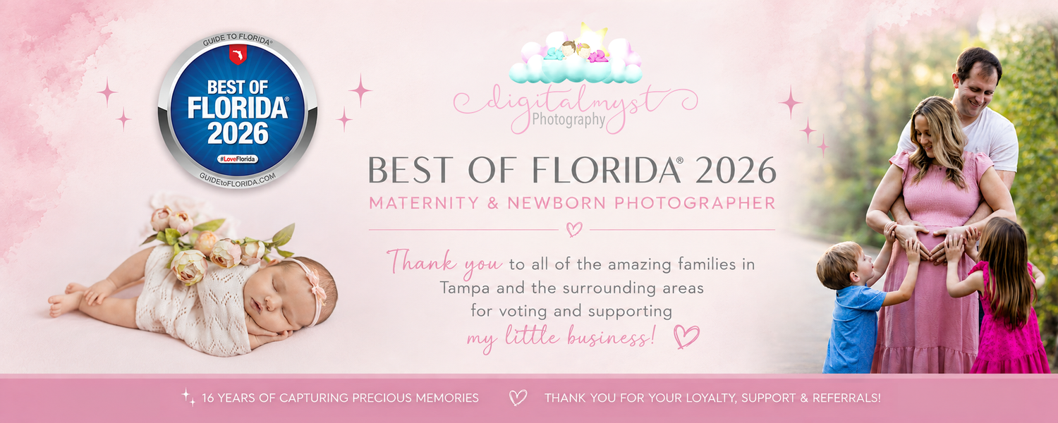 Award-winning Best of Florida 2026 maternity and newborn photography banner featuring a family portrait and sleeping newborn baby.
