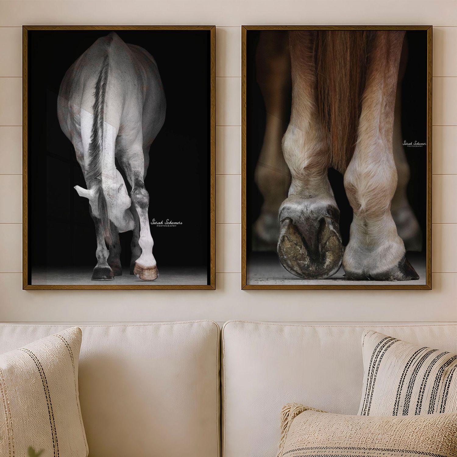 Two framed horse photography prints displayed above a sofa, showing close-up views of horse hindquarters and hooves.