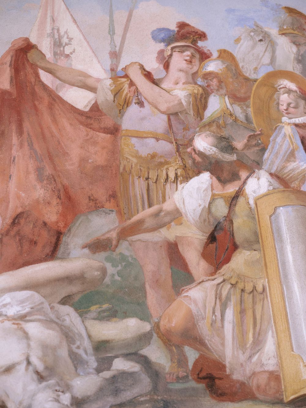 Classical fresco painting depicting figures in earth-toned robes gathered in an ornate architectural setting.