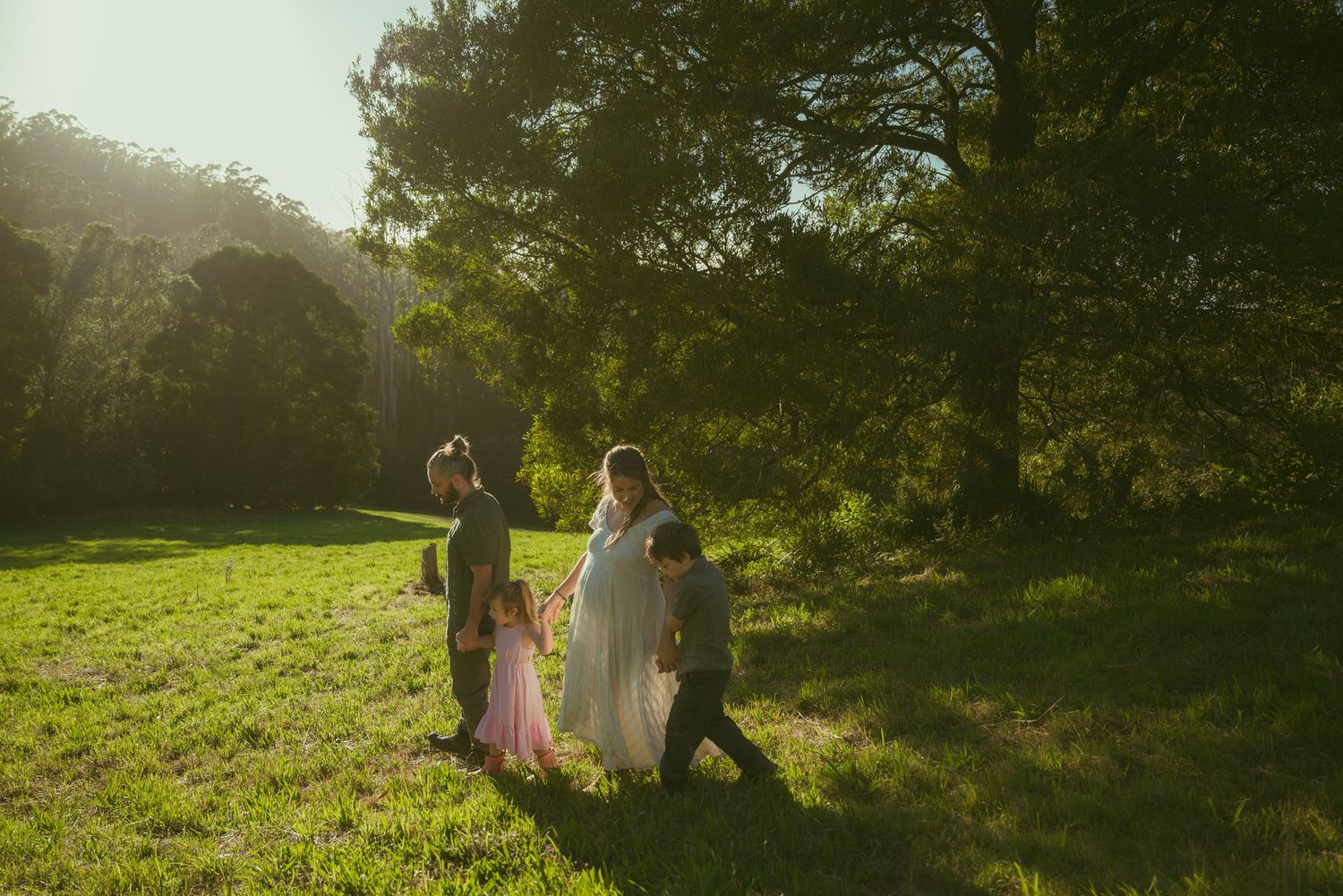 Family walking together in a sunlit green meadow surrounded by tall trees during golden hour.