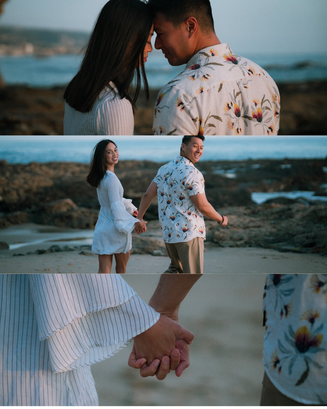 A couple holds hands and walks along a rocky beach at dusk, smiling joyfully.