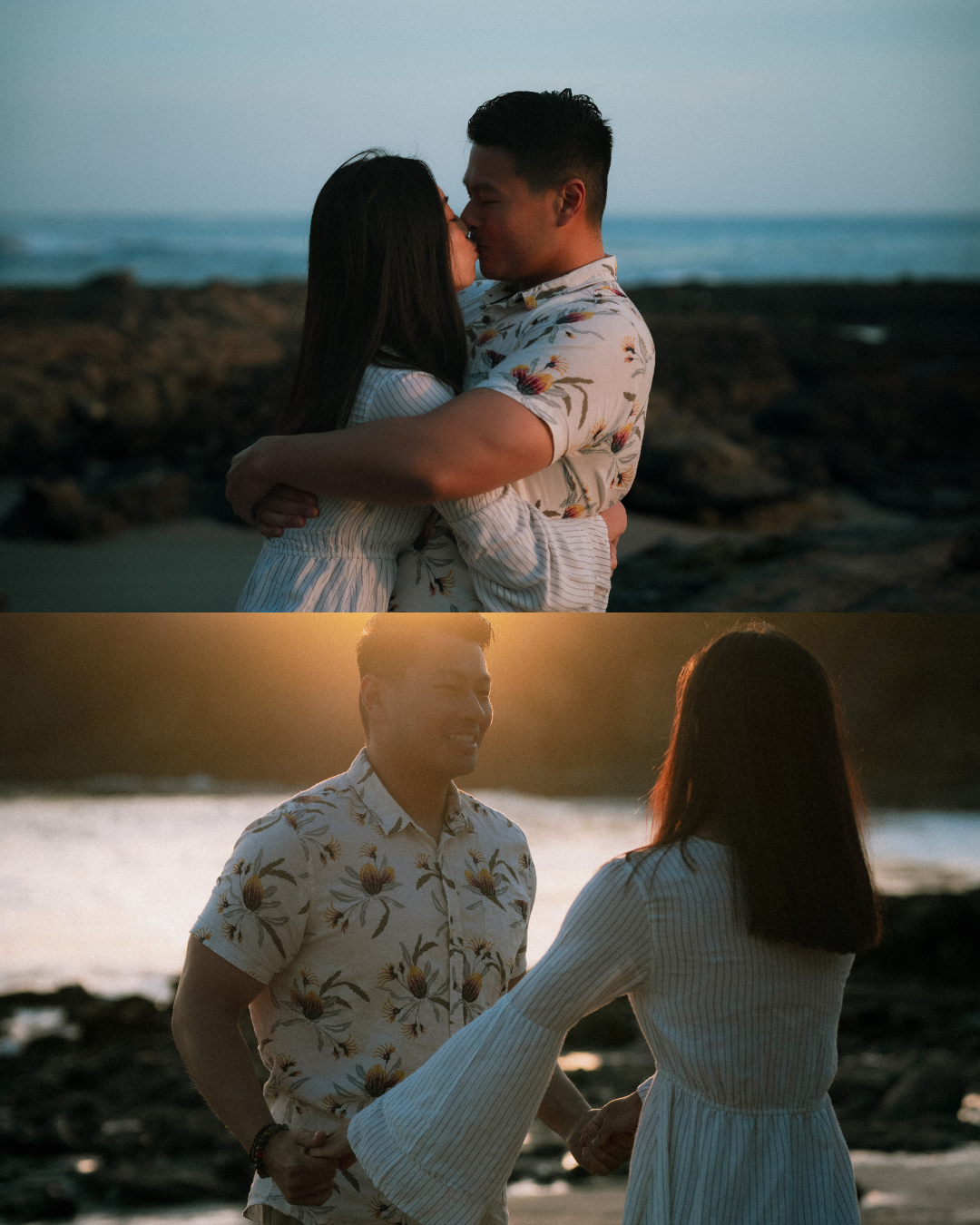 A couple embraces and holds hands on a rocky beach at golden hour sunset.