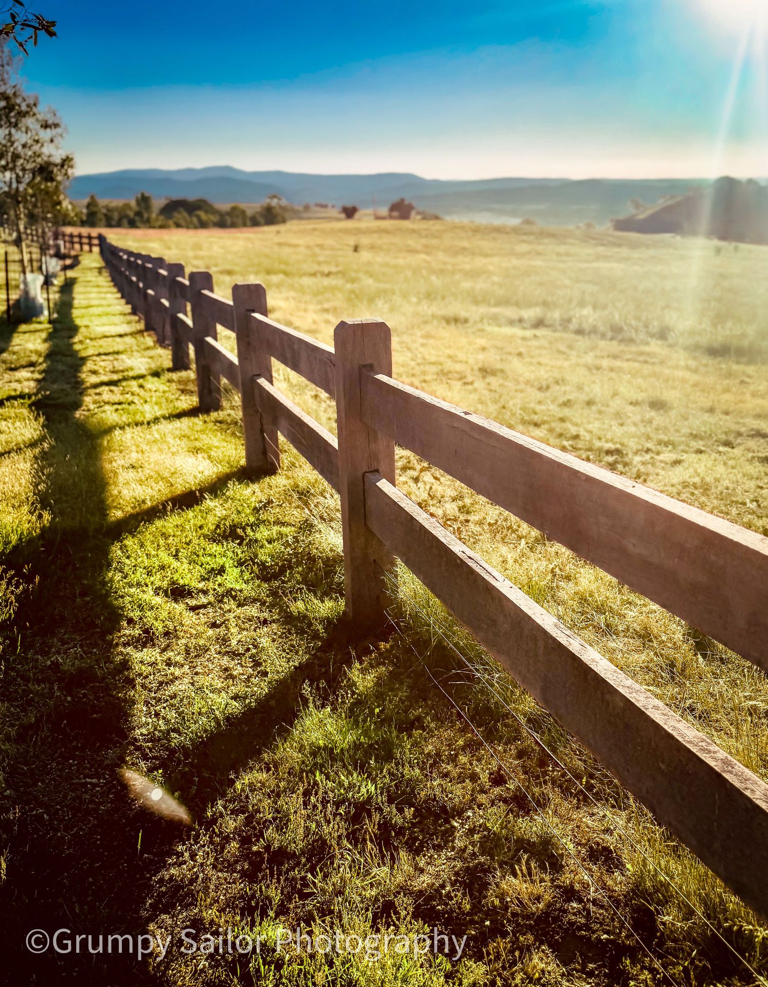 Wooden fence casting long shadows across sunny green pasture.