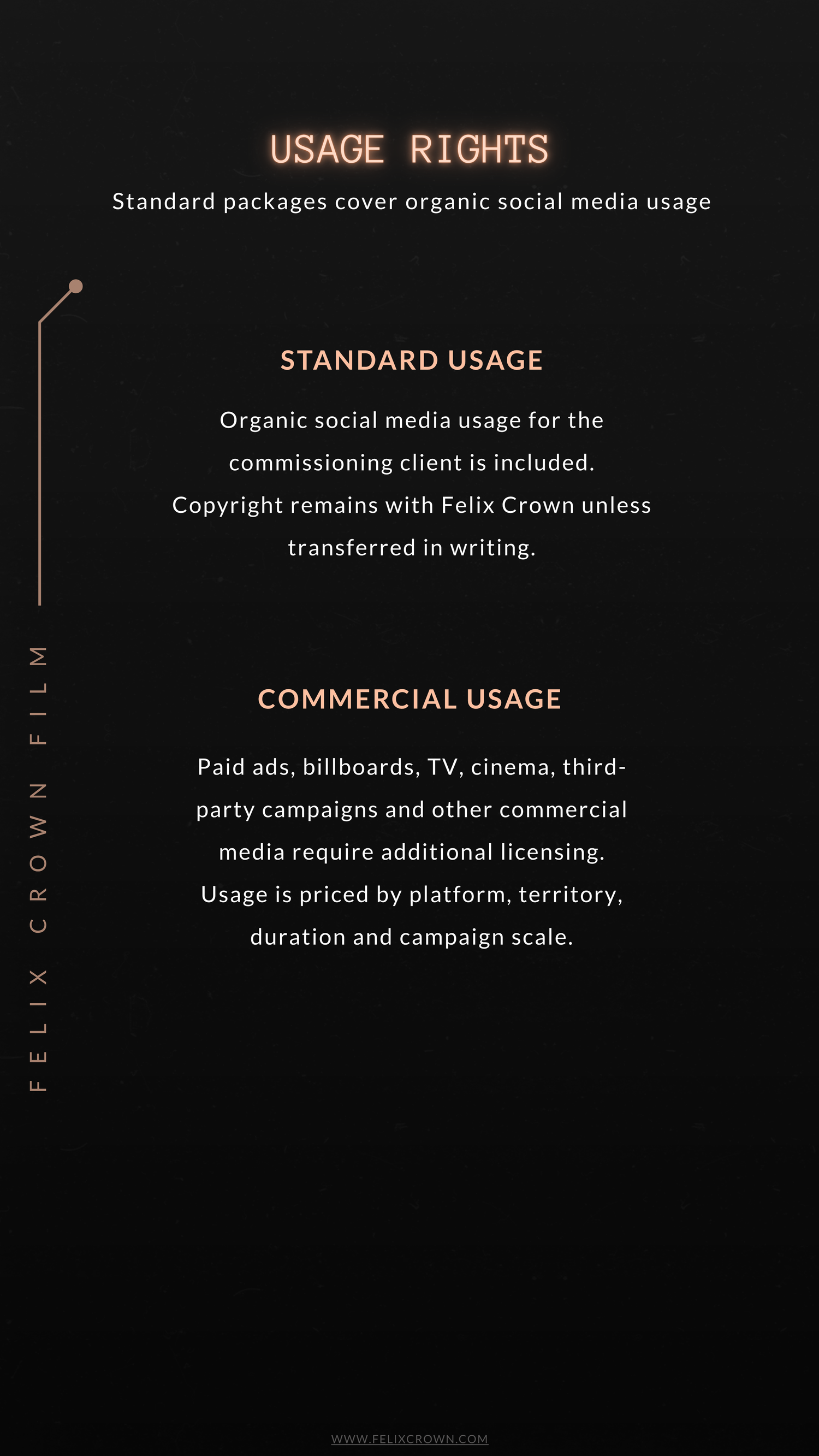 Photography studio terms and conditions displayed in white text on dark background.