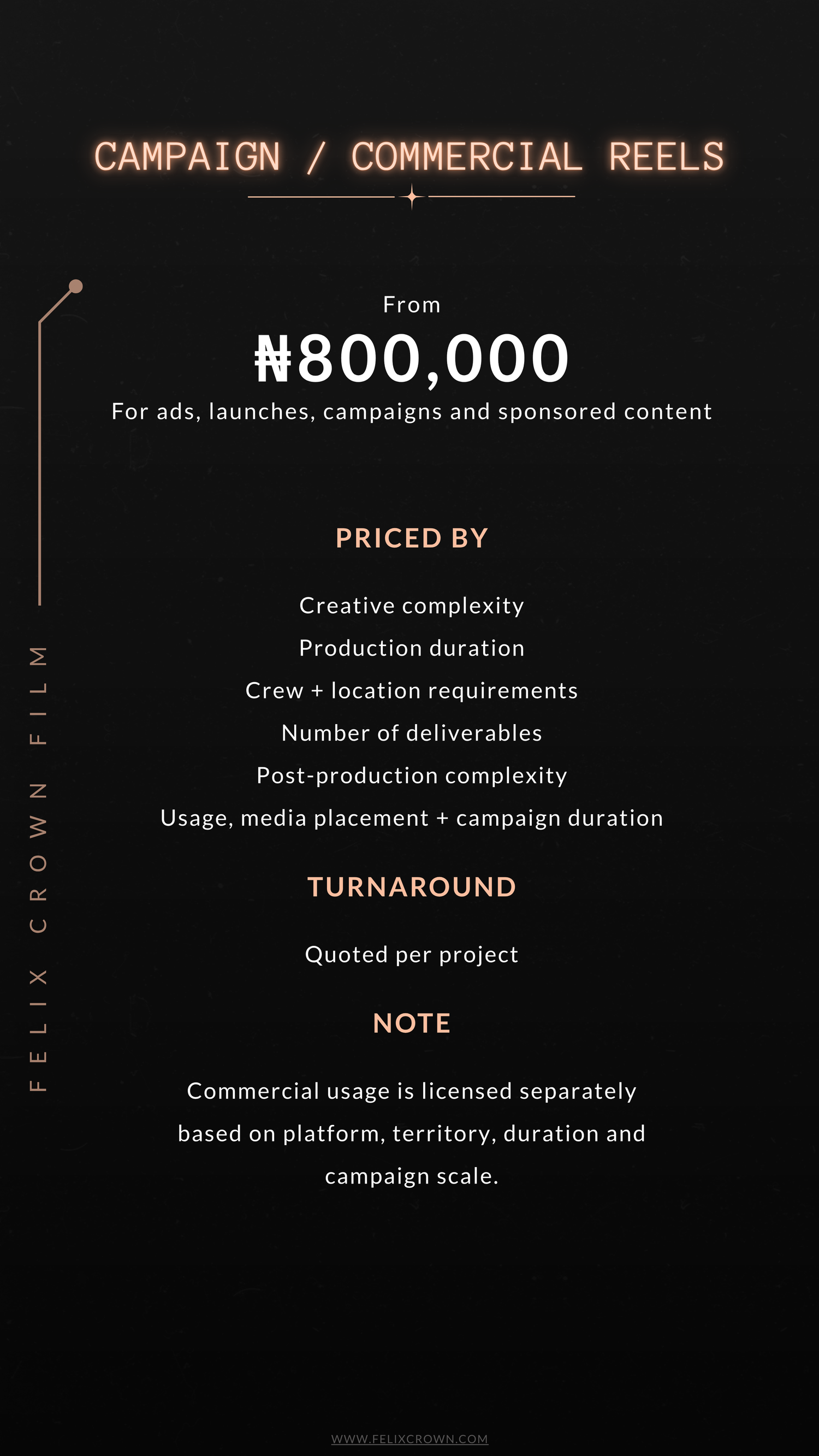 Dark photography pricing menu showing studio rates and services with gold text on black background.