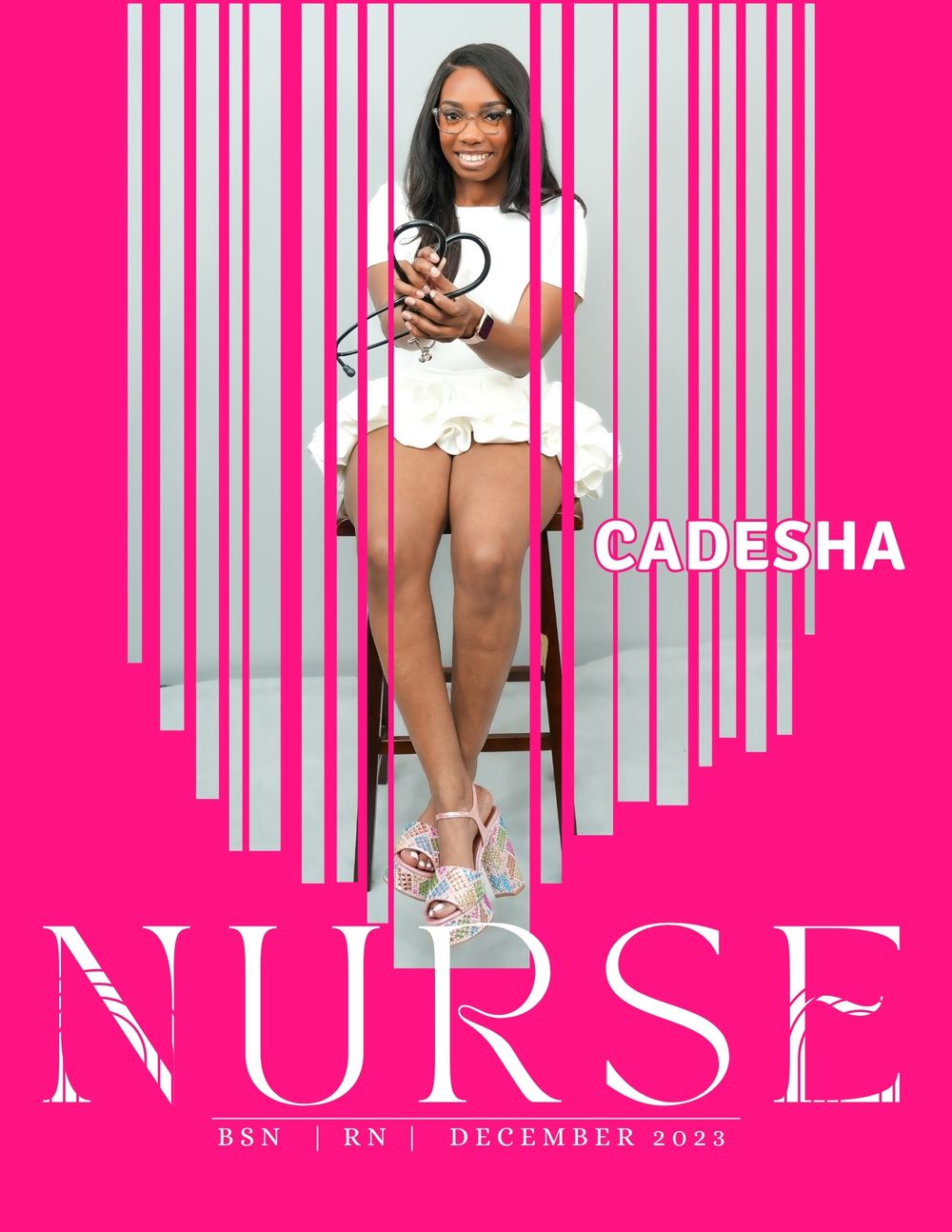 Cadesha BSN RN nurse graduate portrait on pink magazine-style cover, December 2023, holding stethoscope.