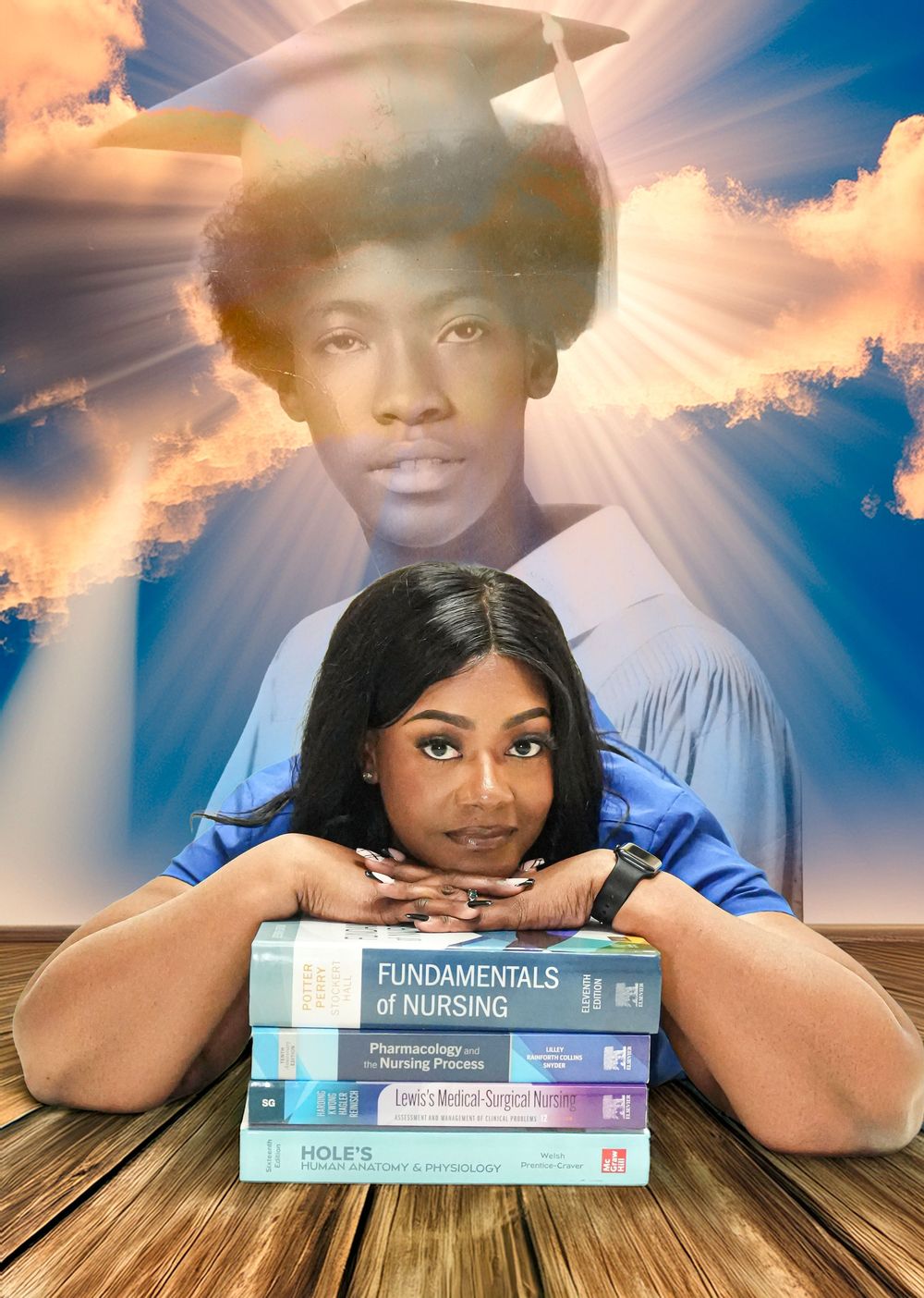 A nursing student rests on stacked nursing textbooks with a graduation photo composite in the background.