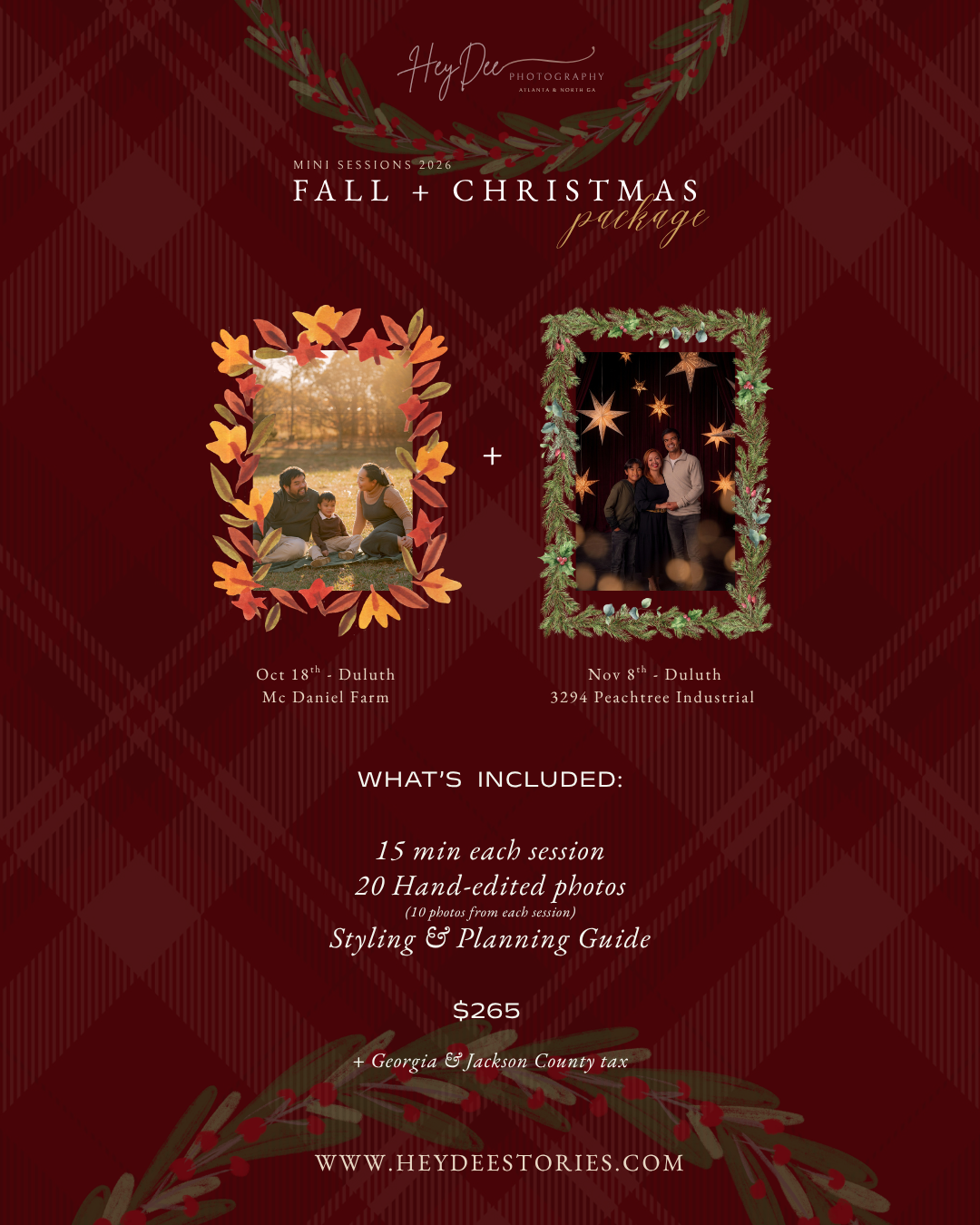 Red plaid holiday photography package flyer for HeyDee Stories featuring fall and Christmas mini sessions in Duluth, GA for $275.