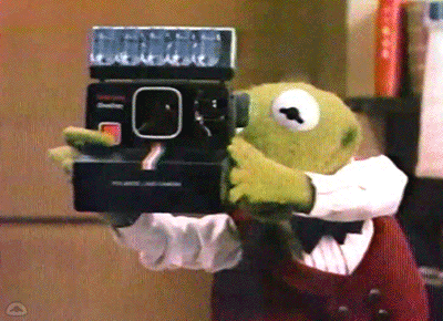 Kermit the Frog Muppet character holding a vintage Polaroid camera in a classic photography pose.