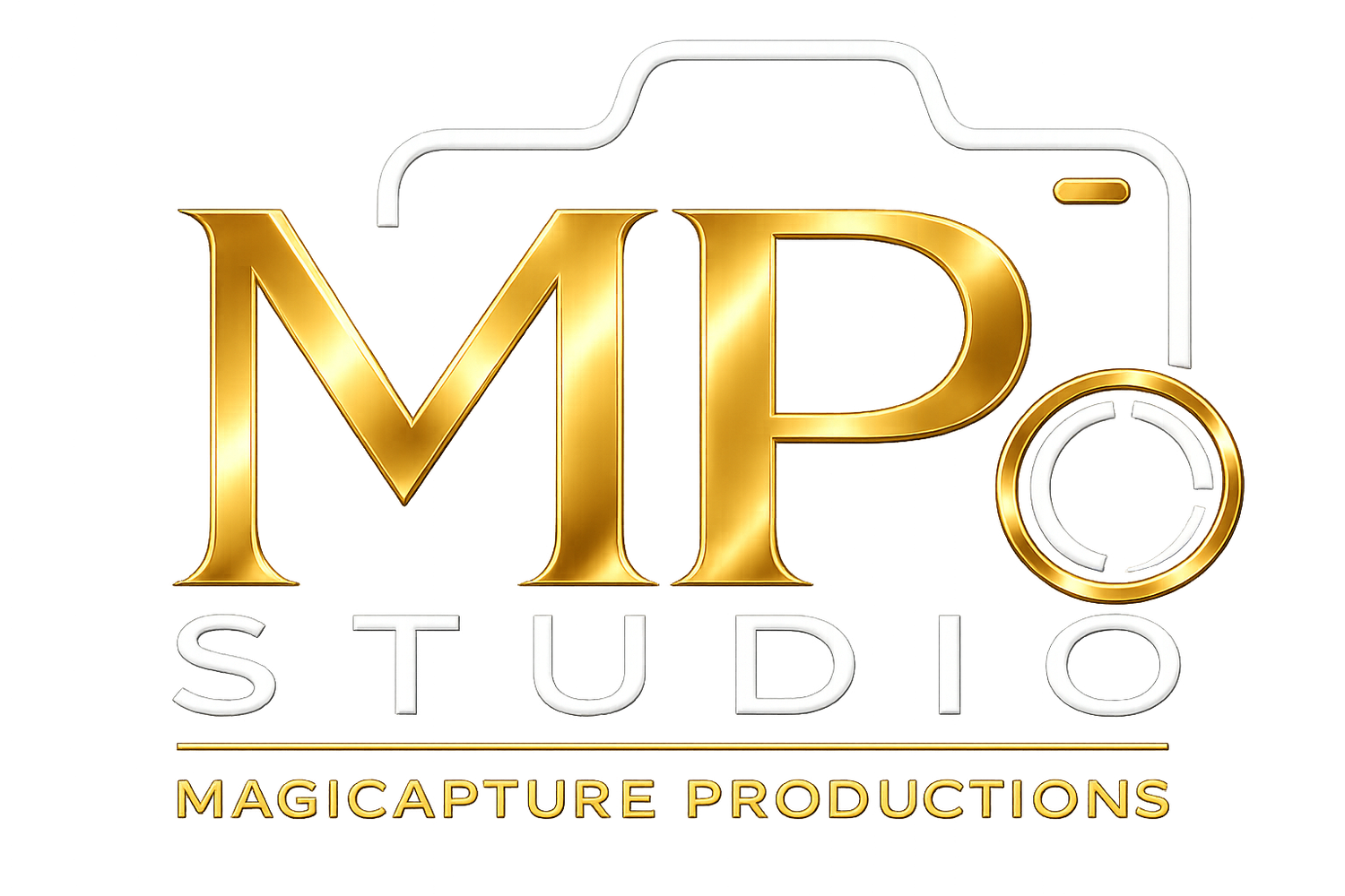 MP Studio MagiCapture Productions gold and silver camera logo on dark background.