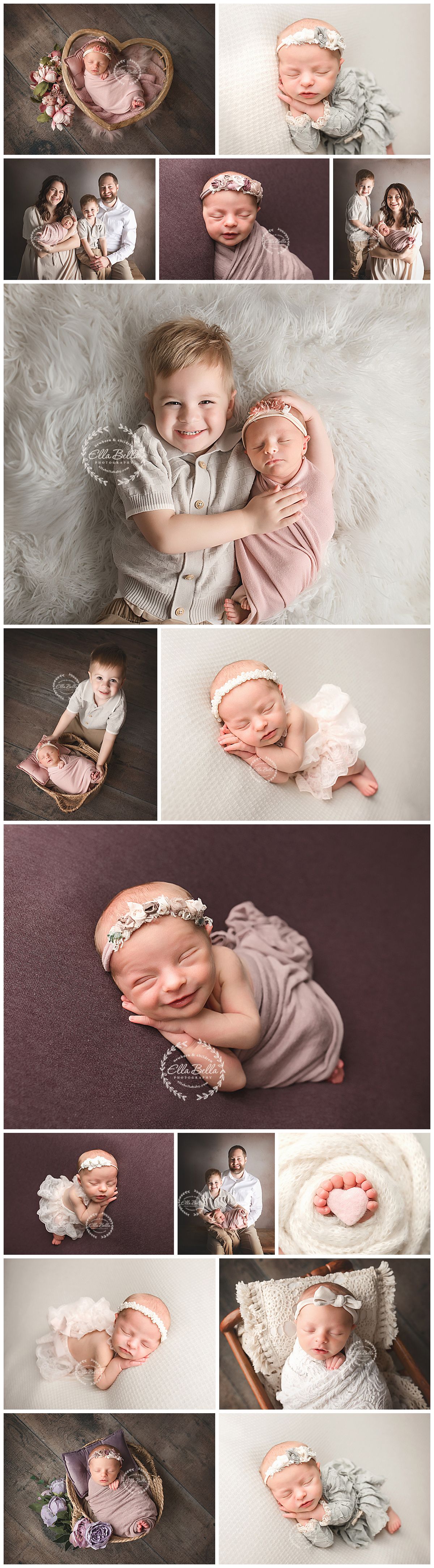 Newborn baby boy posed in multiple professional photography setups with green and neutral tones, wrapped and styled in various outfits.