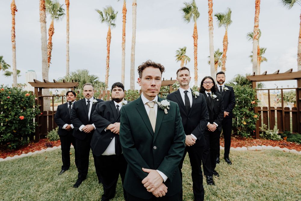 Groom in green suit stands before groomsmen in black suits near palm trees.