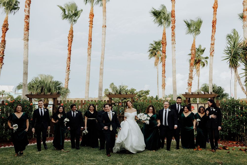 Wedding party in black formalwear walking with bride and groom under tall palm trees outdoors.
