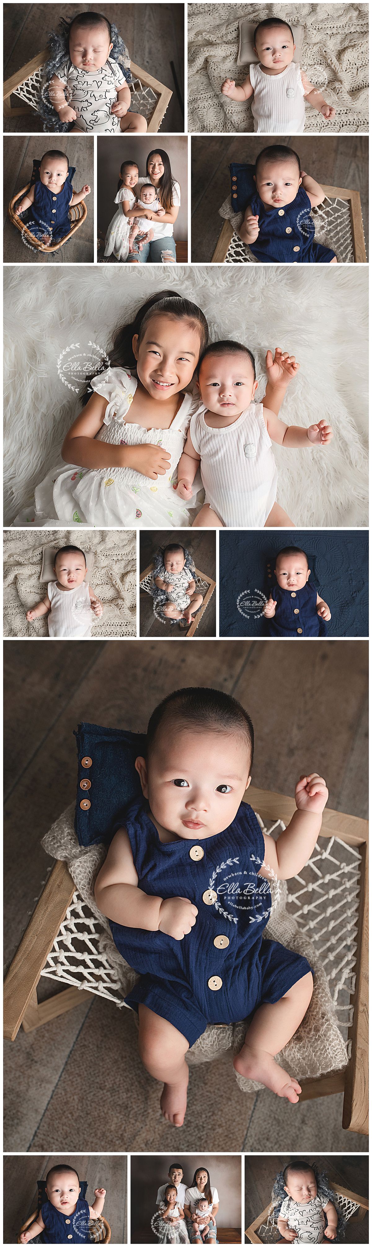 Adorable Asian baby boy in navy romper poses with older sister in professional newborn photography collage.