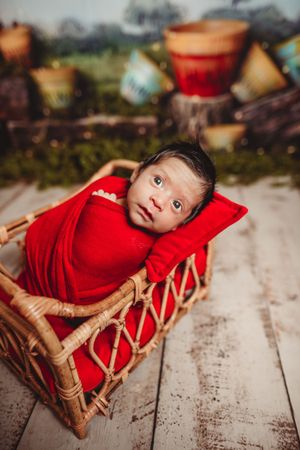 Newborn baby swaddled in red wrap lying in a wicker basket with a red pillow, surrounded by colorful pots.
