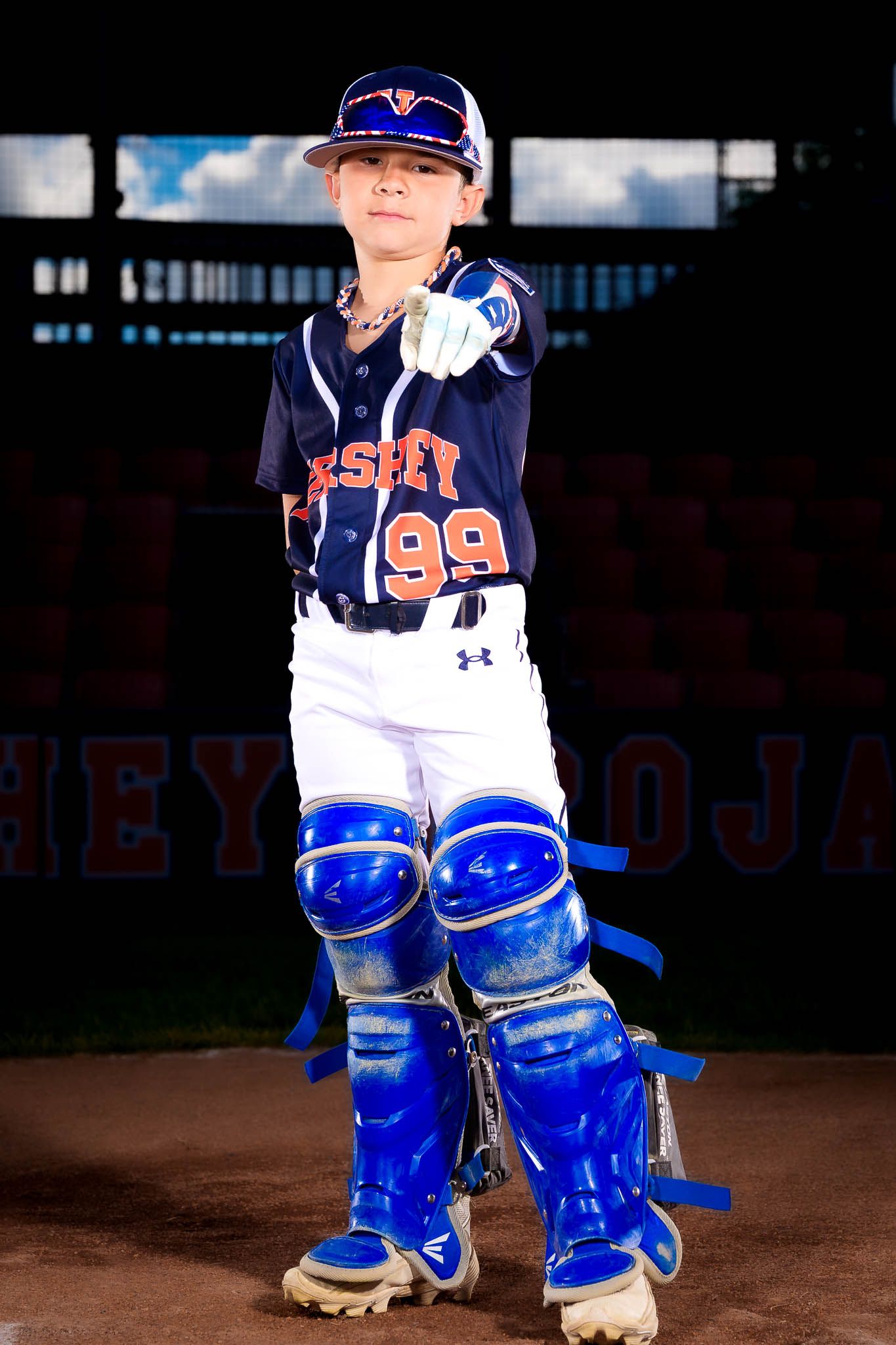 Hershey Little League All-Star catcher stands in gear at Memorial Field, by Deanna Fox, SportsFox Photography based in Hershey PA