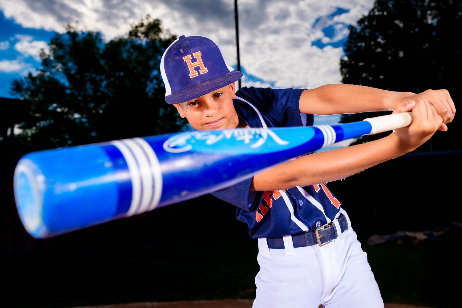 Hershey Little League All-Star batter swings blue bat at Memorial Field, by Deanna Fox, SportsFox Photography based in Hershey PA