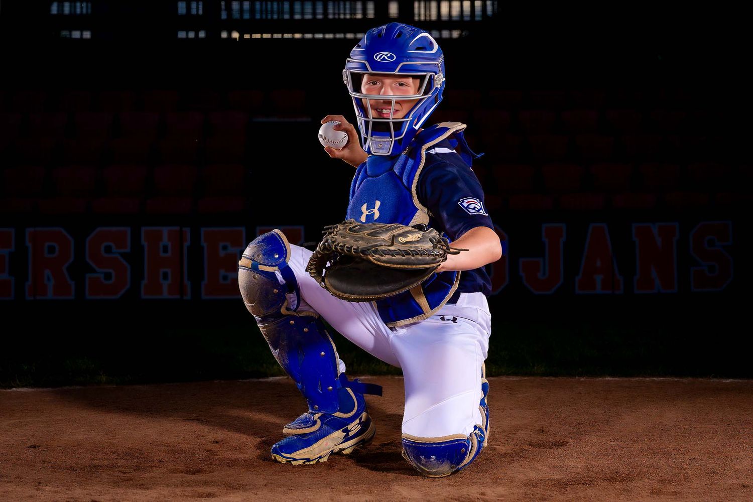 Hershey Little League All-Star catcher crouches in gear at Memorial Field, by Deanna Fox, SportsFox Photography based in Hershey PA