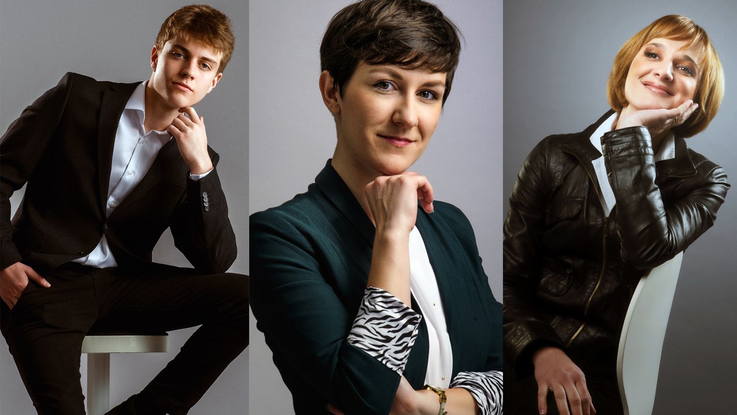 Professional business headshots showing three people in different poses against a light background.