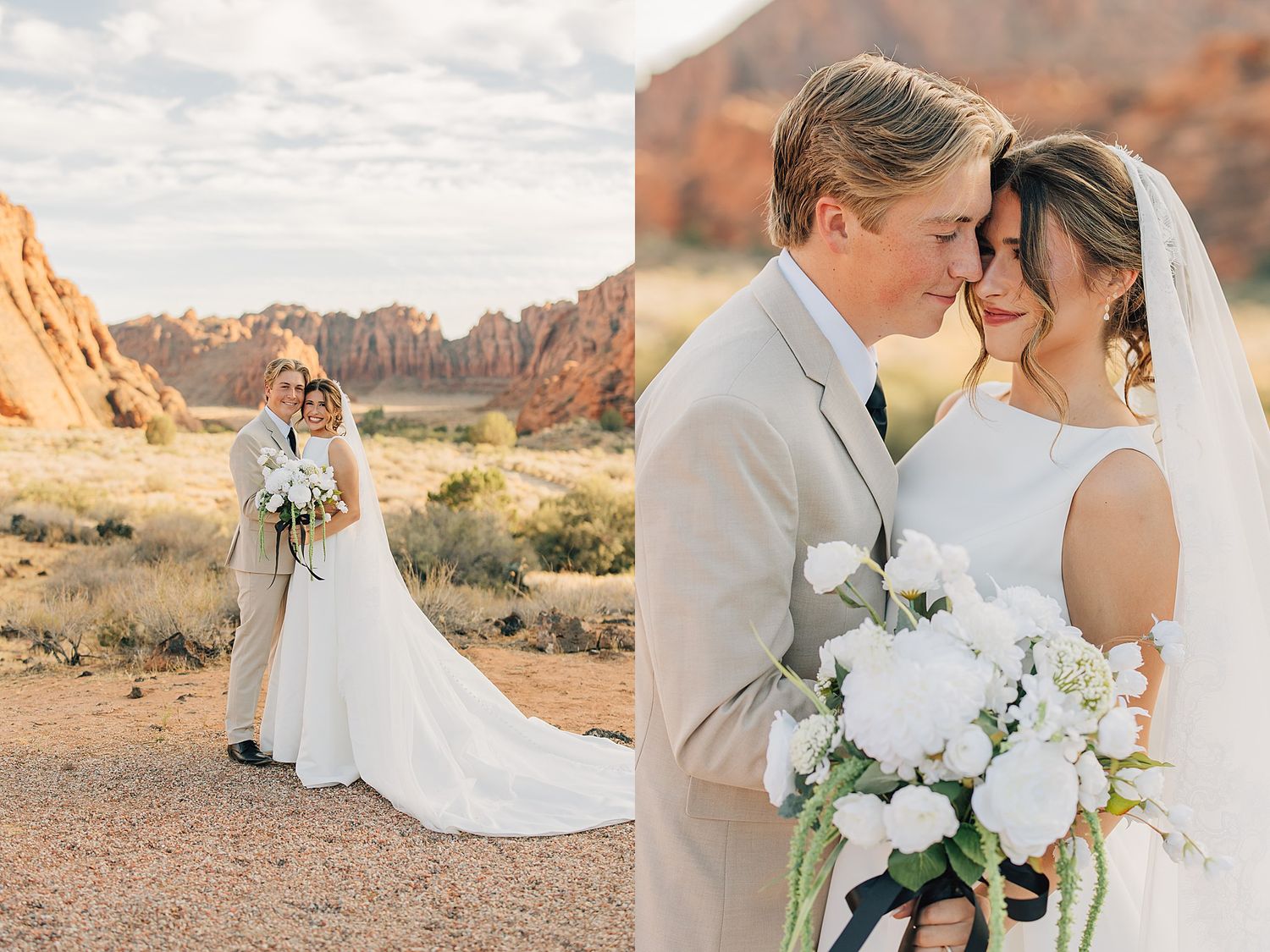 Bride and groom pose together in a desert landscape with red rock formations, bride holding a white floral bouquet.
