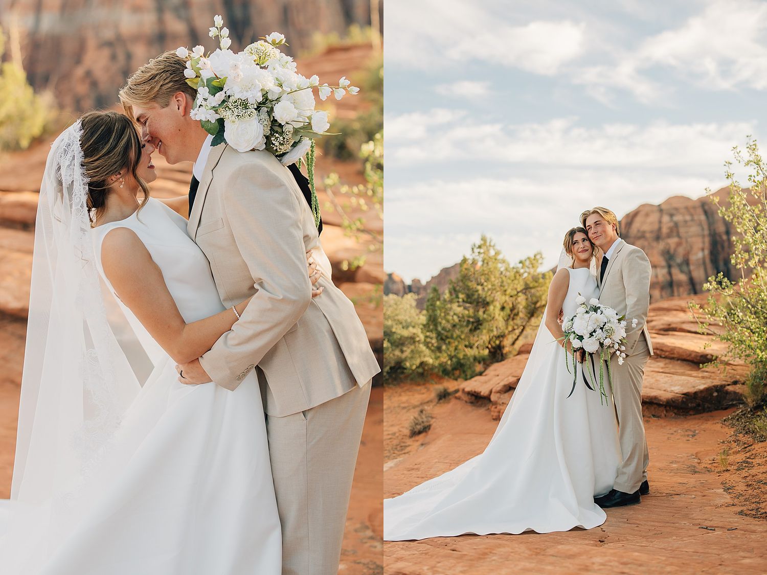 Two brides share a kiss and pose on red rock terrain in Sedona, one in a white gown with veil, the other in a beige suit.