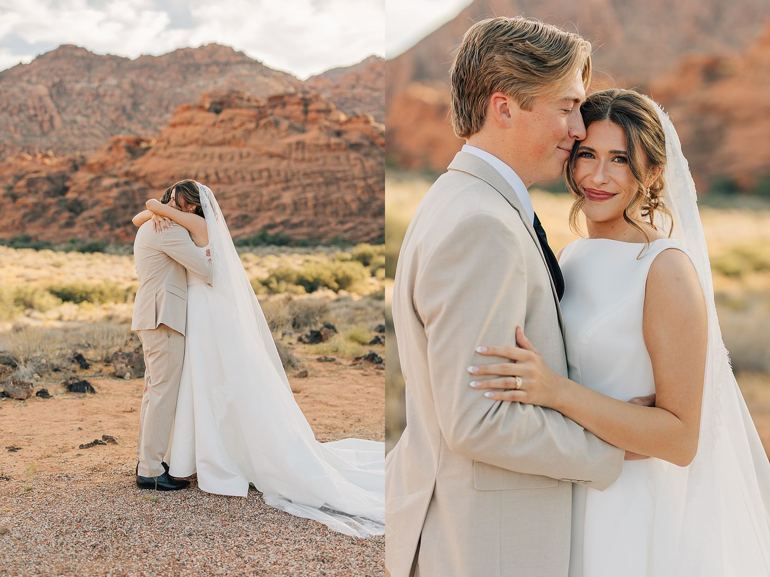 Bride and groom embrace in desert landscape with red rock mountains, wearing white gown and tan suit on their wedding day.