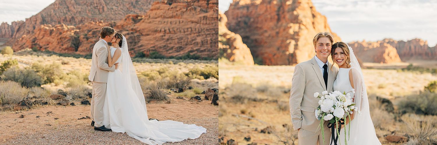 Bride and groom share a romantic kiss in a stunning desert landscape with red rock formations at golden hour.
