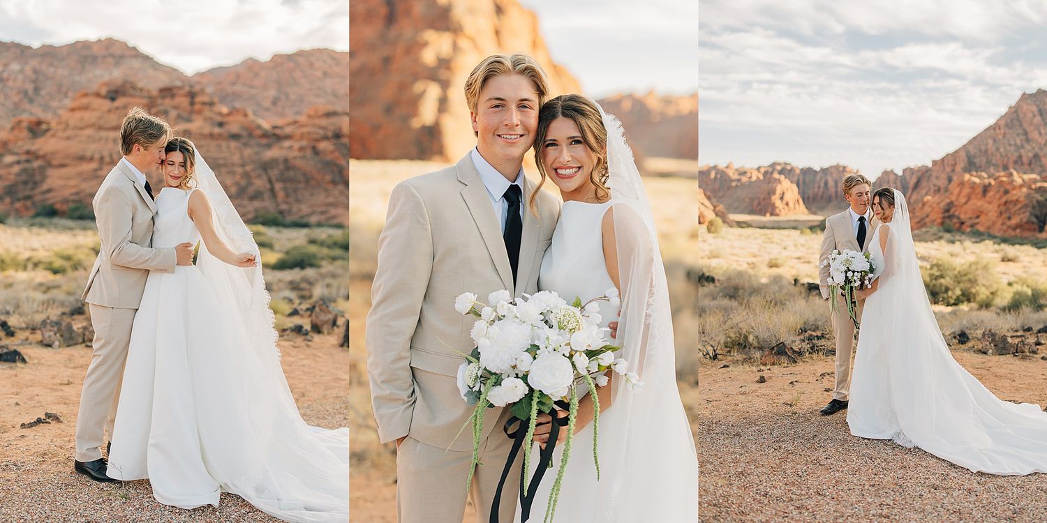 Bride and groom pose together in desert landscape, she in white gown holding bouquet, he in tan suit with black tie.