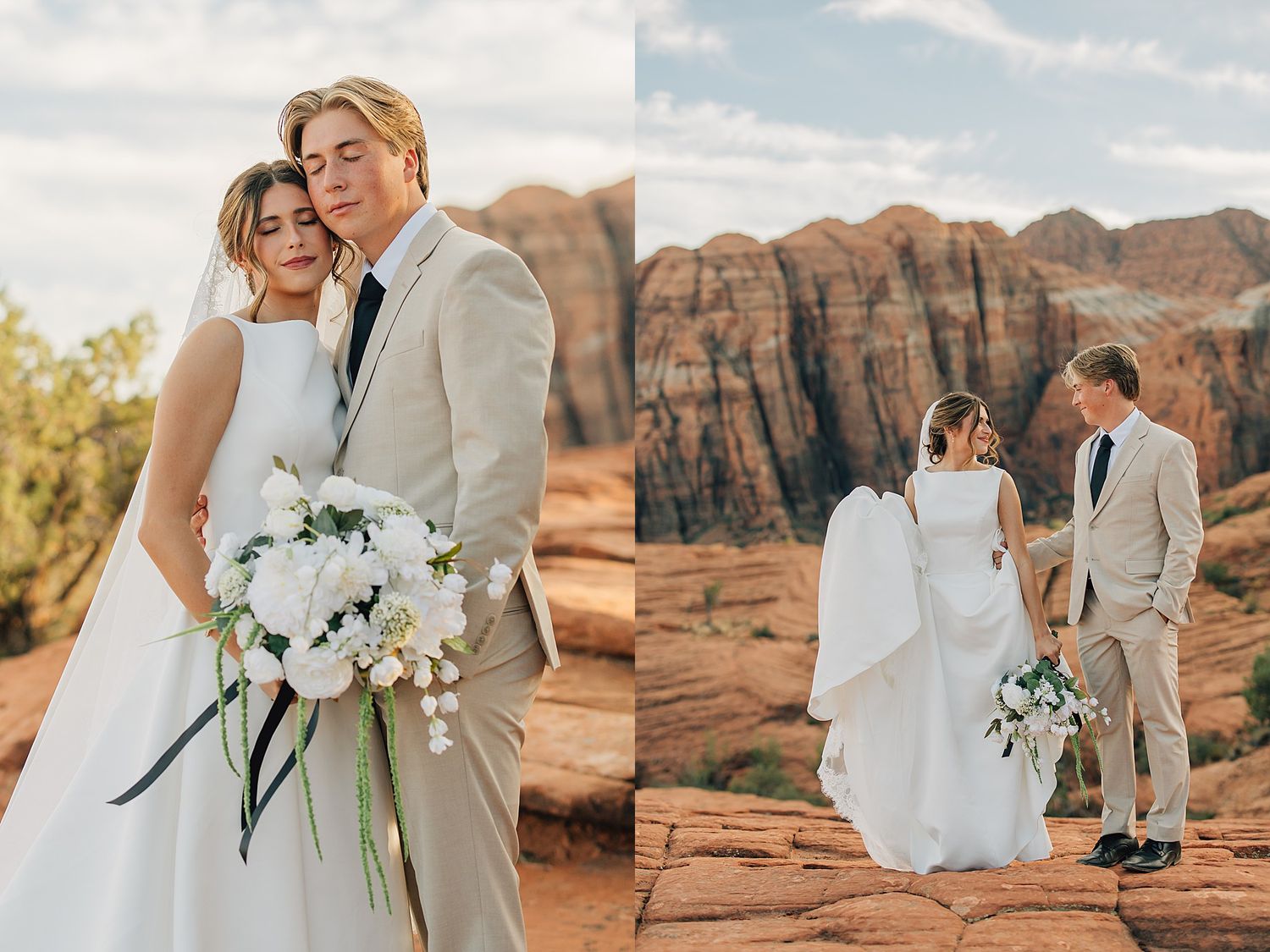 Bride and groom pose at red rock canyon desert wedding, bride holding white bouquet in elegant gown, groom in tan suit.
