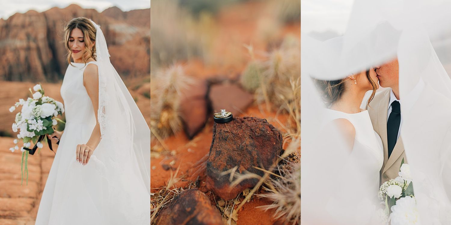 Bride in white gown holding bouquet, diamond ring on red rocks, and couple kissing in desert wedding photos.
