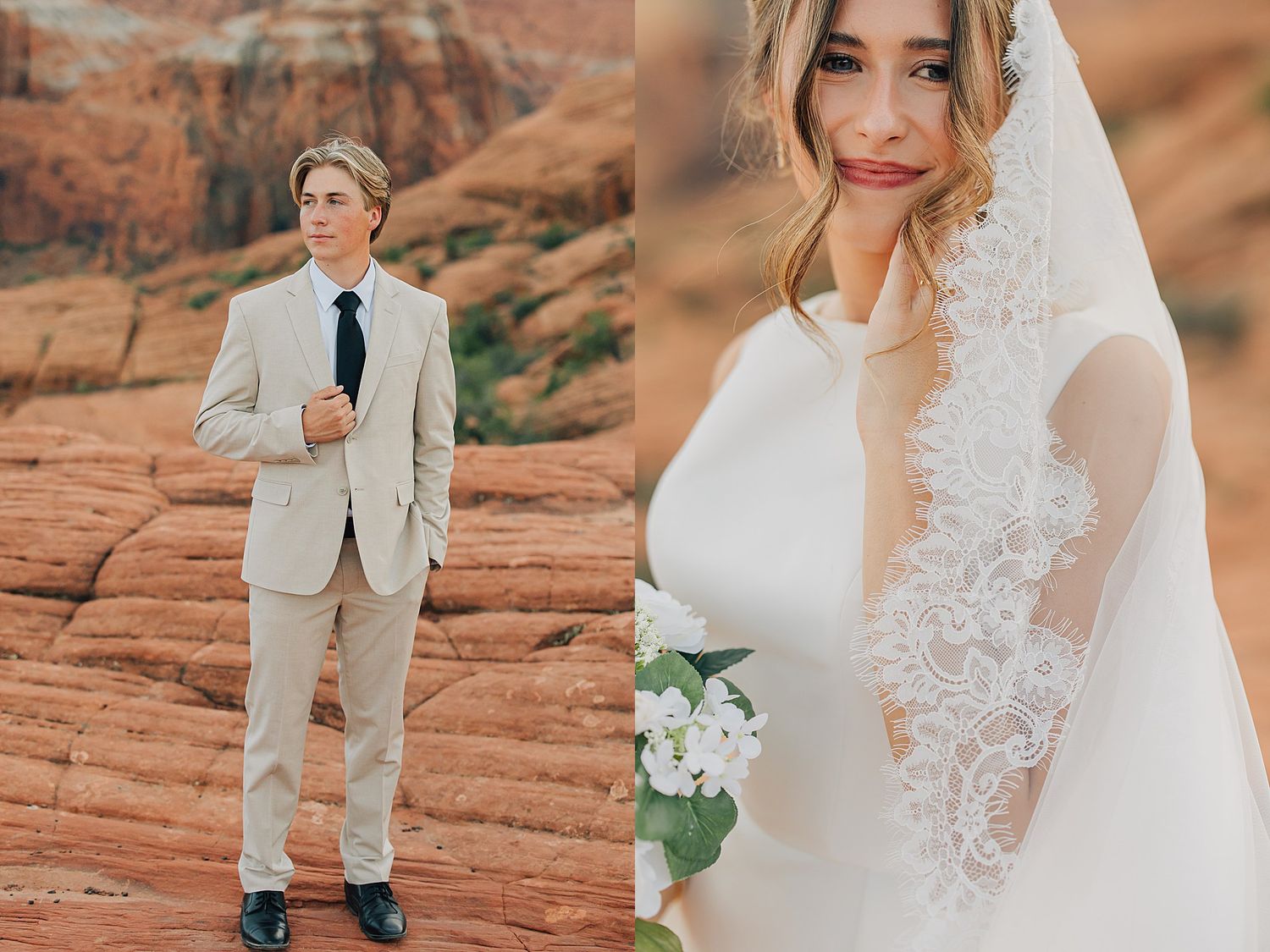 Groom in beige suit and bride in white gown with lace veil holding bouquet at red rock canyon wedding.