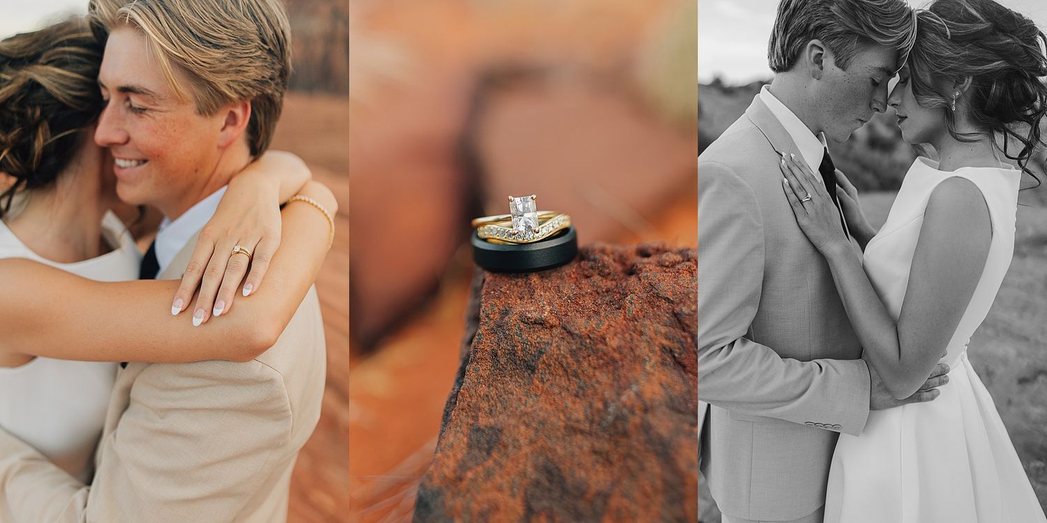 A romantic wedding triptych featuring couple embracing, diamond rings on red rock, and bride and groom kissing outdoors.