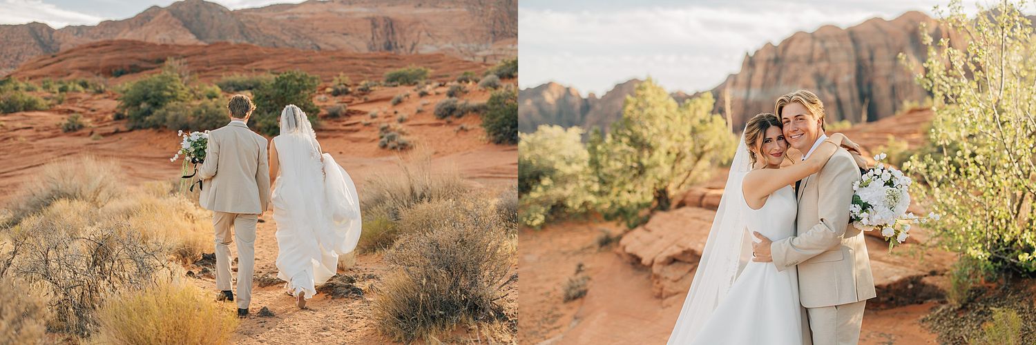 Bride and groom walk hand in hand through red rock desert landscape in Sedona, Arizona on their wedding day.