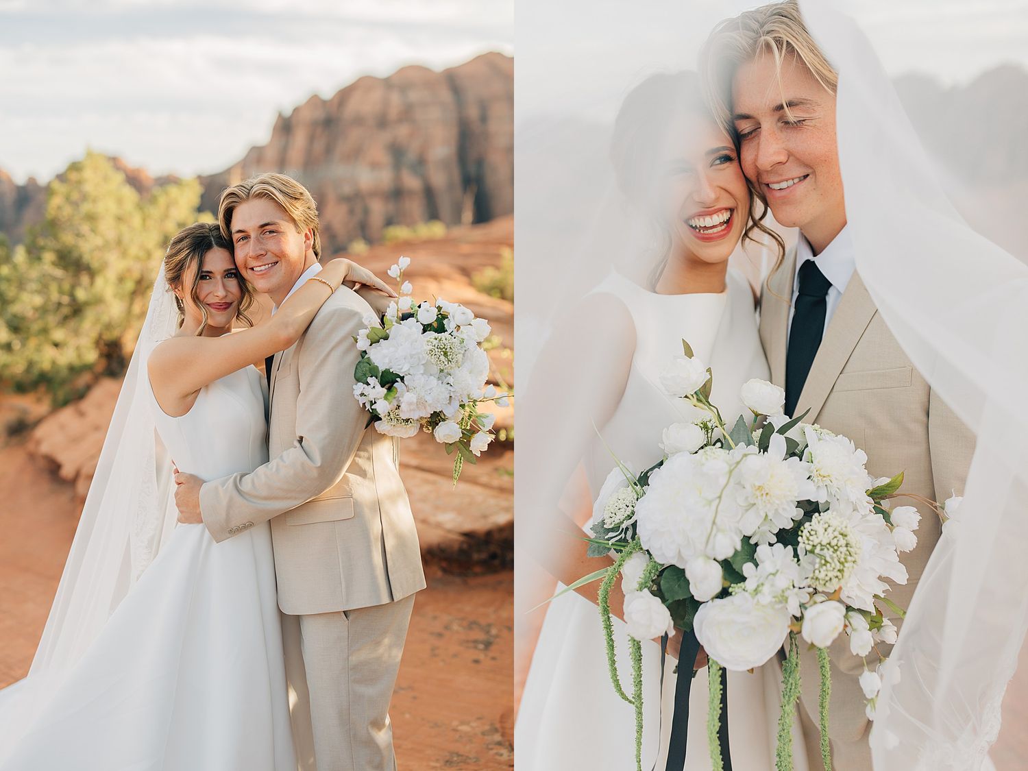 Couple in wedding attire poses outdoors in Sedona, bride holding white floral bouquet with red rock formations behind.