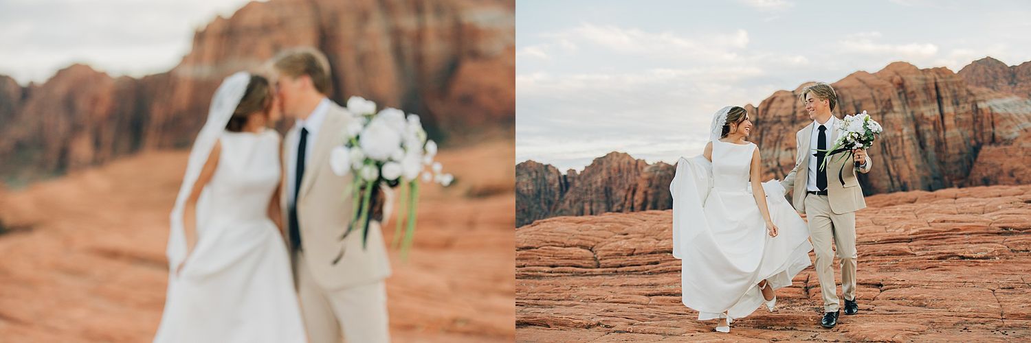 Bride and groom share a romantic moment in red rock desert landscape, bride holding white bouquet in elegant wedding attire.