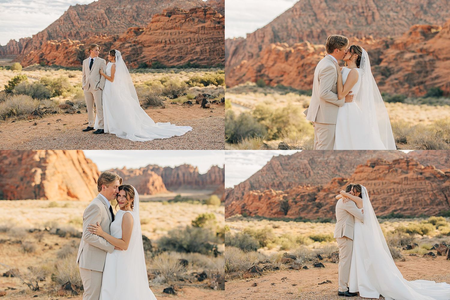 Bride and groom share romantic moments in desert landscape with red rock formations backdrop.