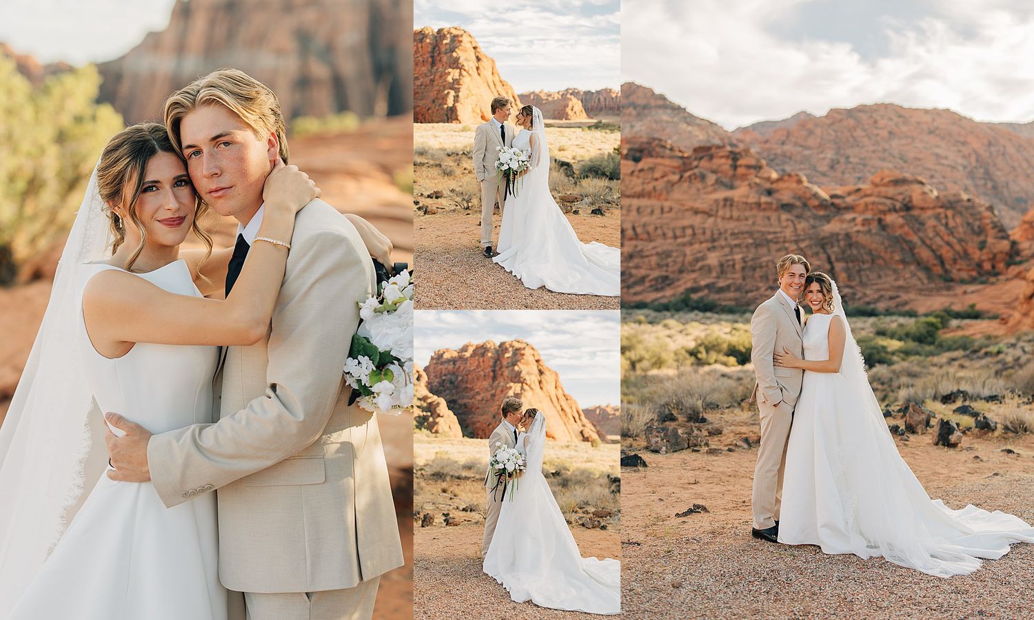 Wedding couple embraces in stunning red rock canyon desert setting wearing elegant bridal attire.