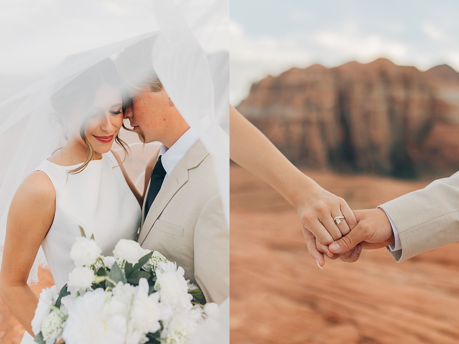 Bride and groom share an intimate moment under a veil, holding white roses, with a close-up of their hands showing a wedding ring.