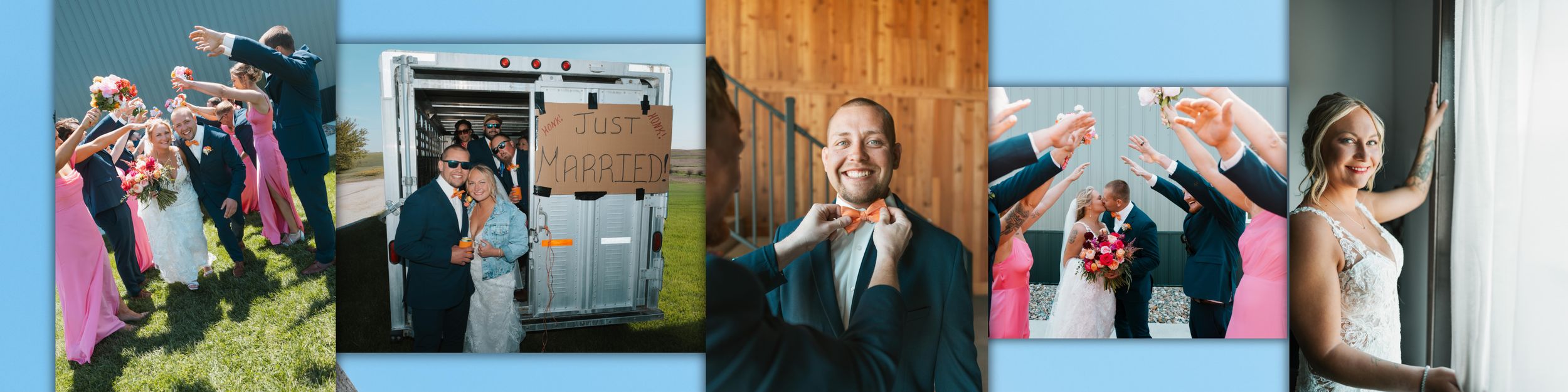 Joyful wedding celebration collage featuring guests tossing confetti, bride and groom portraits, and outdoor ceremony moments.