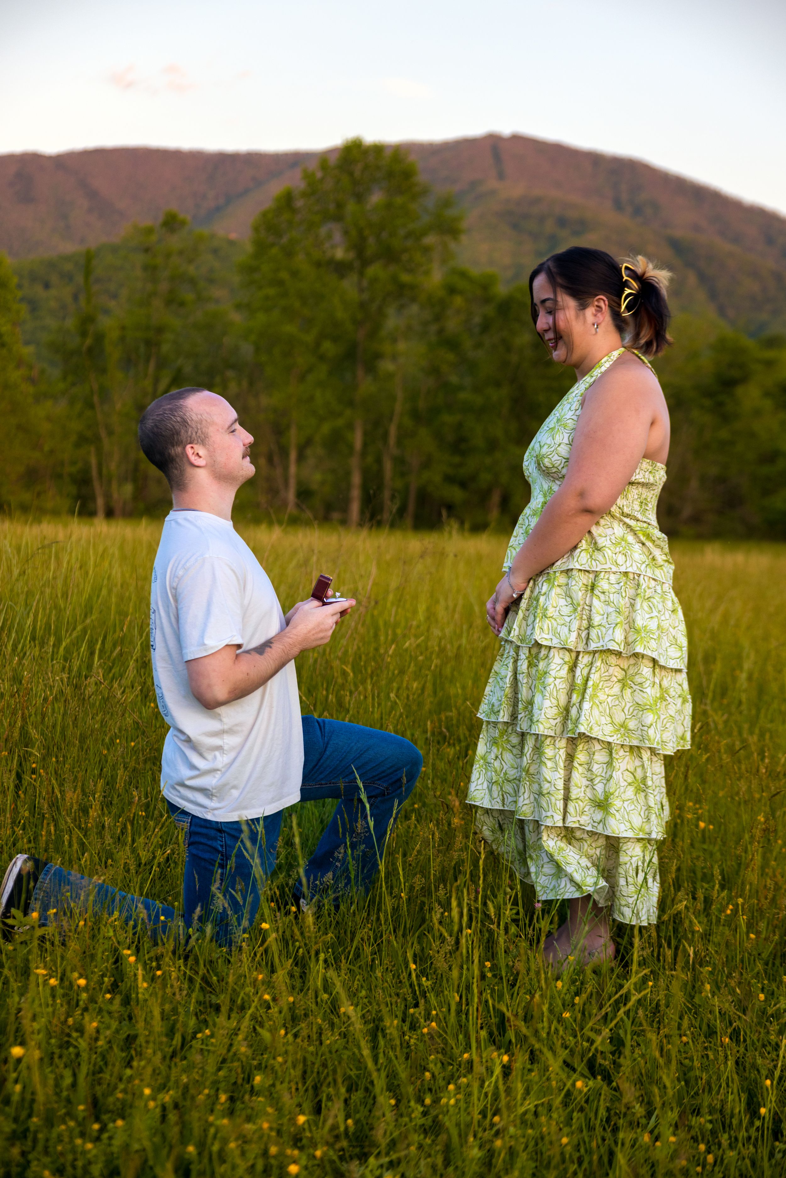 Man proposes on one knee to woman in green dress in a sunny mountain meadow.