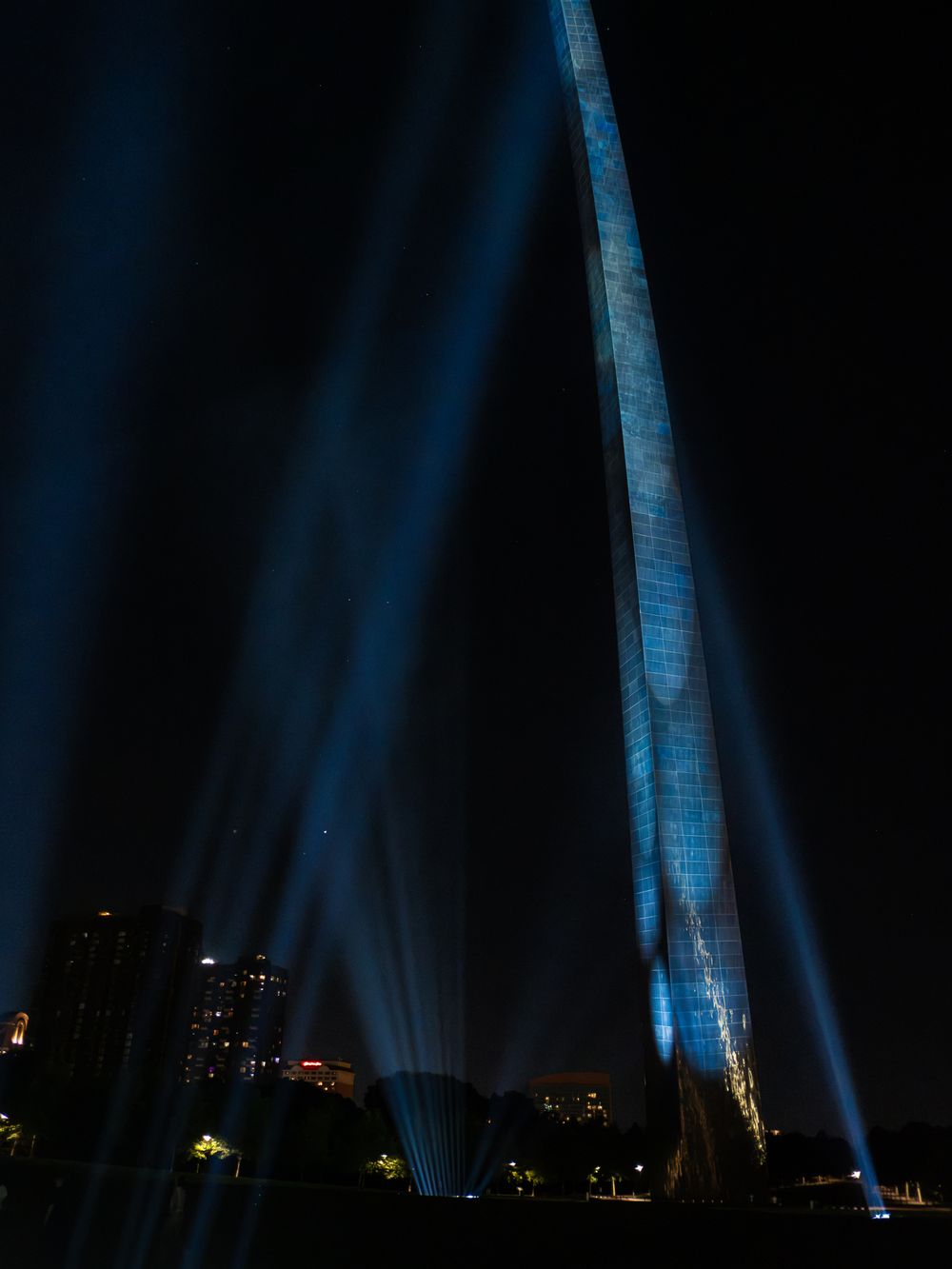 Lights illuminate the St. Louis Gateway Arch on Route 66 in Missouri. June 13, 2026. Photo: David J. Manning.
