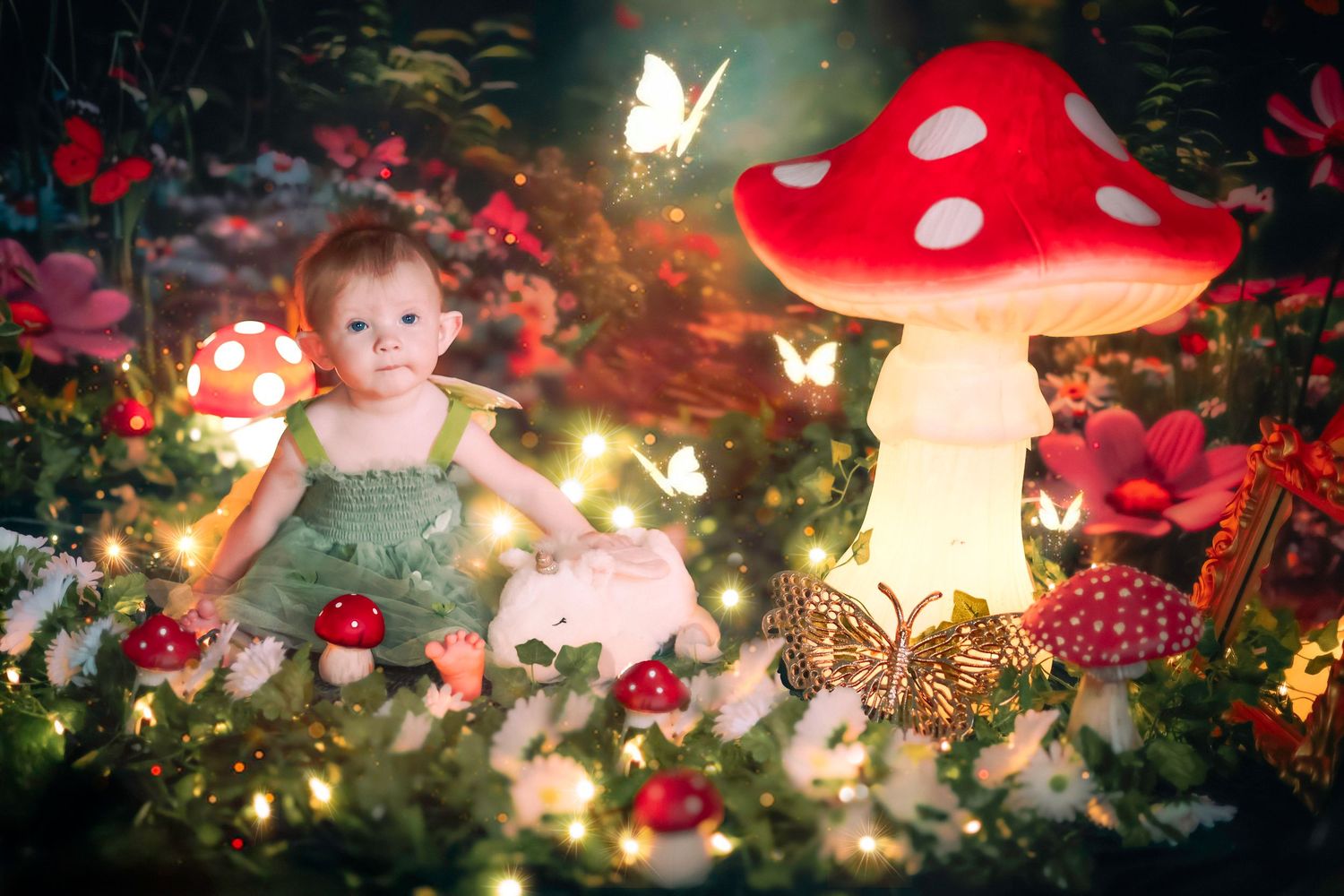 Baby girl in green dress sits among glowing mushrooms and butterflies in a magical fairy tale garden setting a home session in Lake Worth.