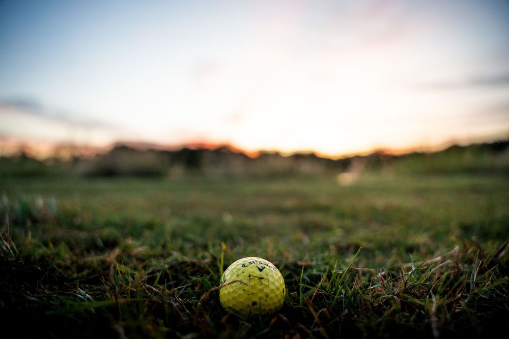 Yellow golf ball resting in green grass at sunset on a golf course.