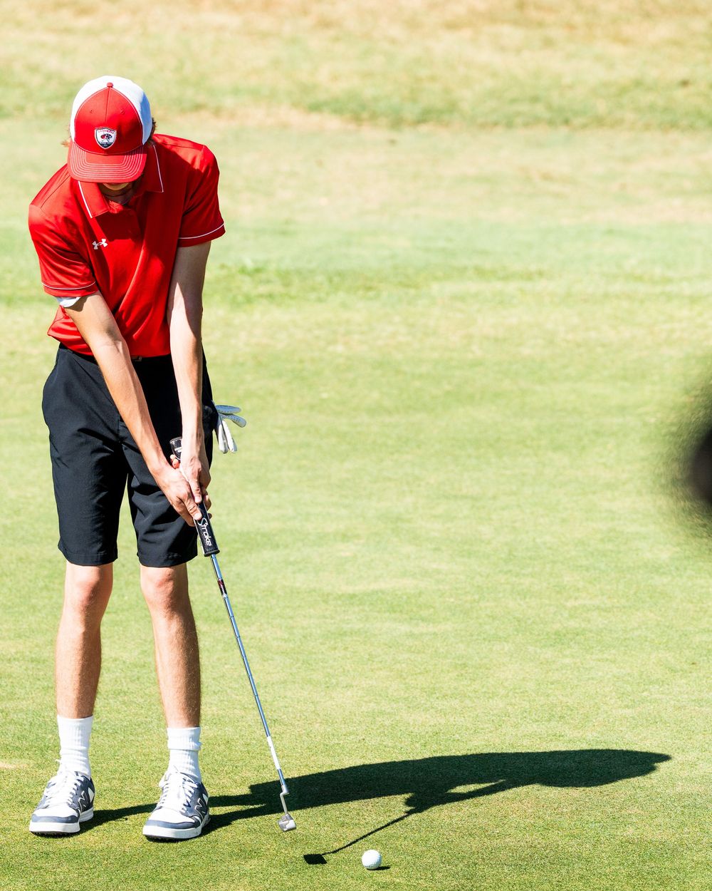 Young male golfer in red shirt putting on a sunny golf course green.