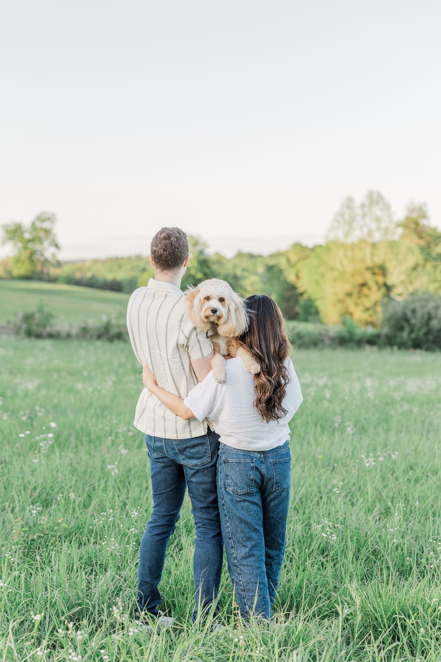 Couple standing in green field holding fluffy dog, viewed from behind, wearing jeans and casual tops.