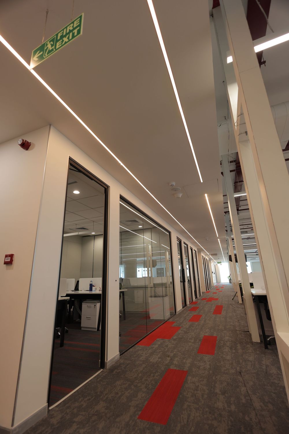 Modern office corridor with glass-partitioned rooms, linear LED ceiling lights, and red carpet accents leading to a fire exit.